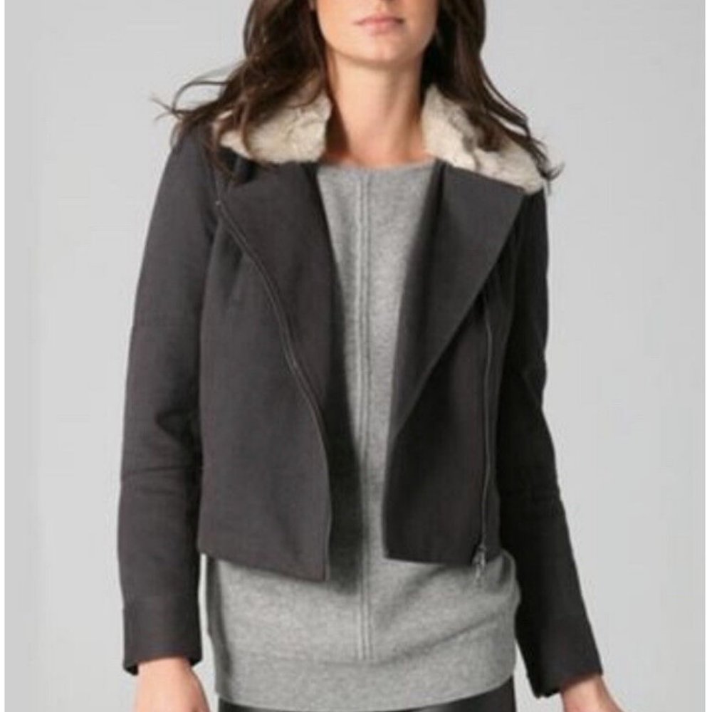 CLUB MONACO Grey Blue Aviator Biker Crop Cotton Jacket Faux Fur Collar Slim Y2K